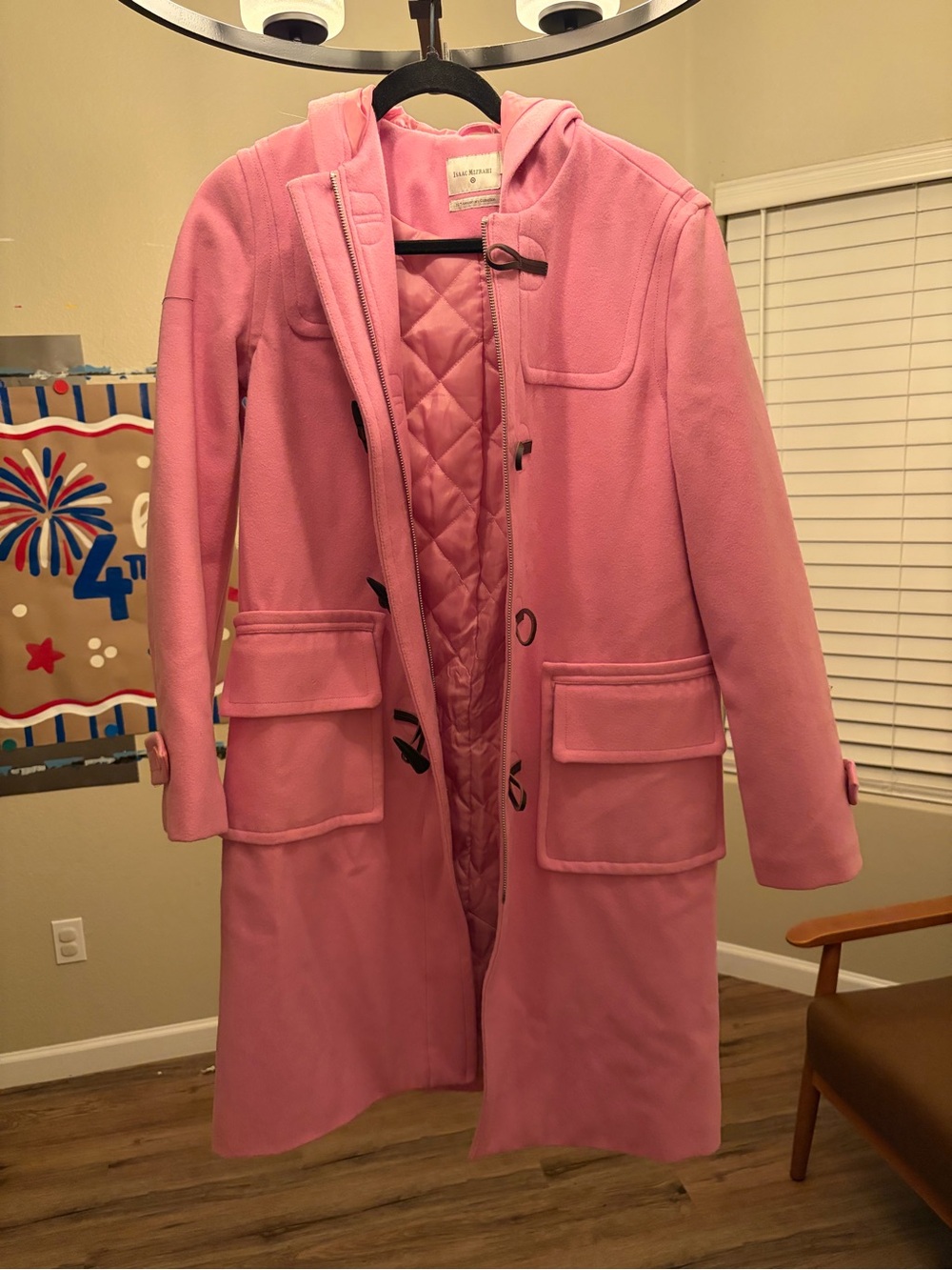Isaac Mizrahi Pink Hooded Toggle Pea Coat